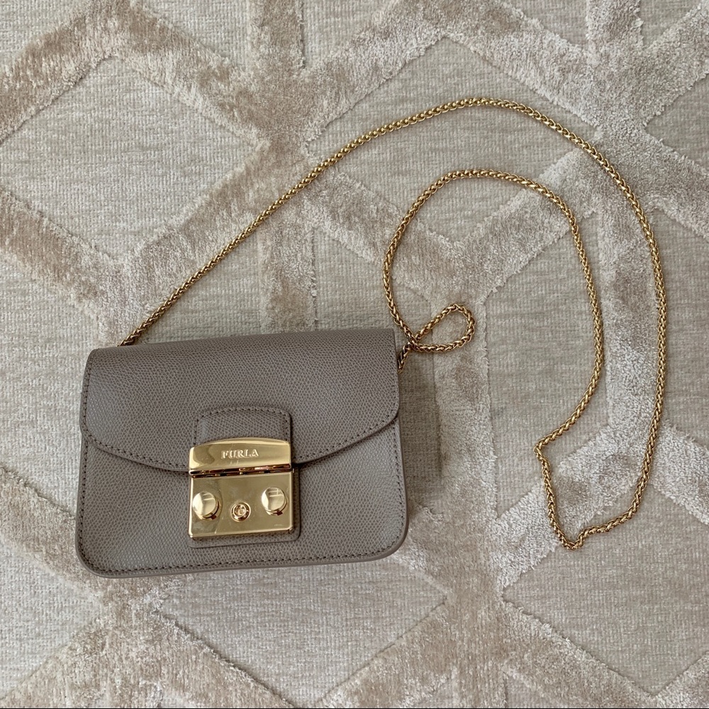 Furla Taupe Leather Crossbody with Gold Chain and Lock